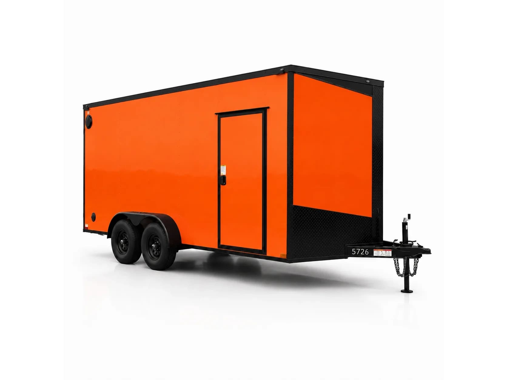 Bright orange 7x16 enclosed cargo trailer with blackout trim, front three-quarter view