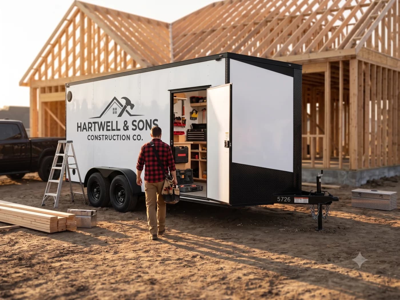 Branded 7x16 work trailer at a framing job site, side door open with organized tool storage