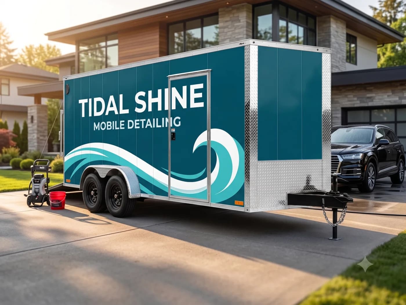 Fully wrapped mobile detailing trailer parked in an upscale driveway beside a freshly detailed SUV