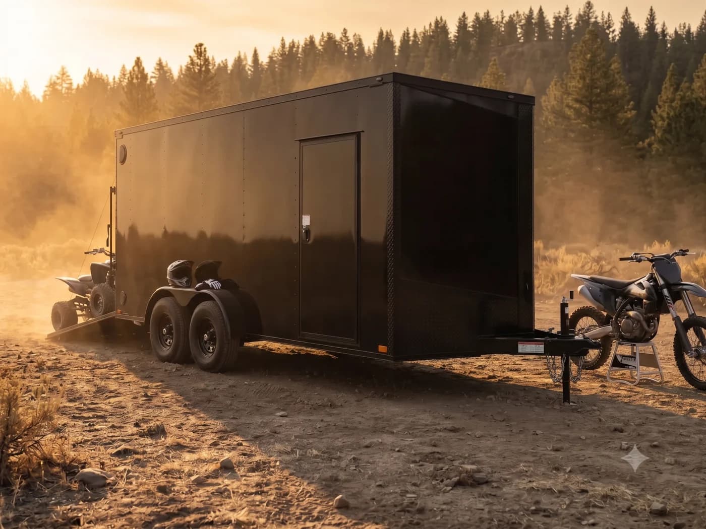 Blackout 7x16 trailer at a dusty trailhead with an ATV loading up the rear ramp and a dirt bike nearby